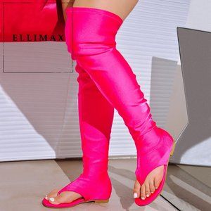 NEW🔥 Neon Hot Pink Stretch Pull On Gladiator Flat Sandals Over Knee Thigh High